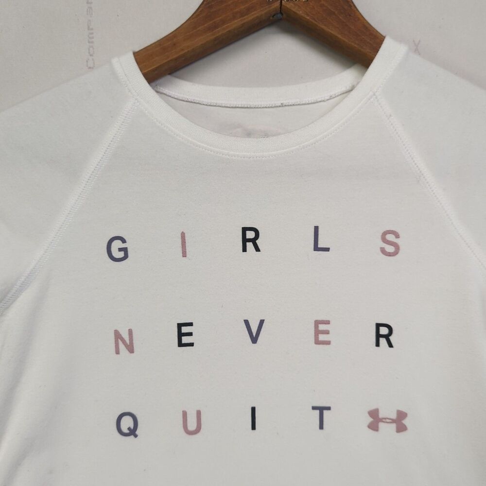 Girls Under Armour Shirt Lot Small10/12 White Girls Never Quit Black Tank - Picture 10 of 16